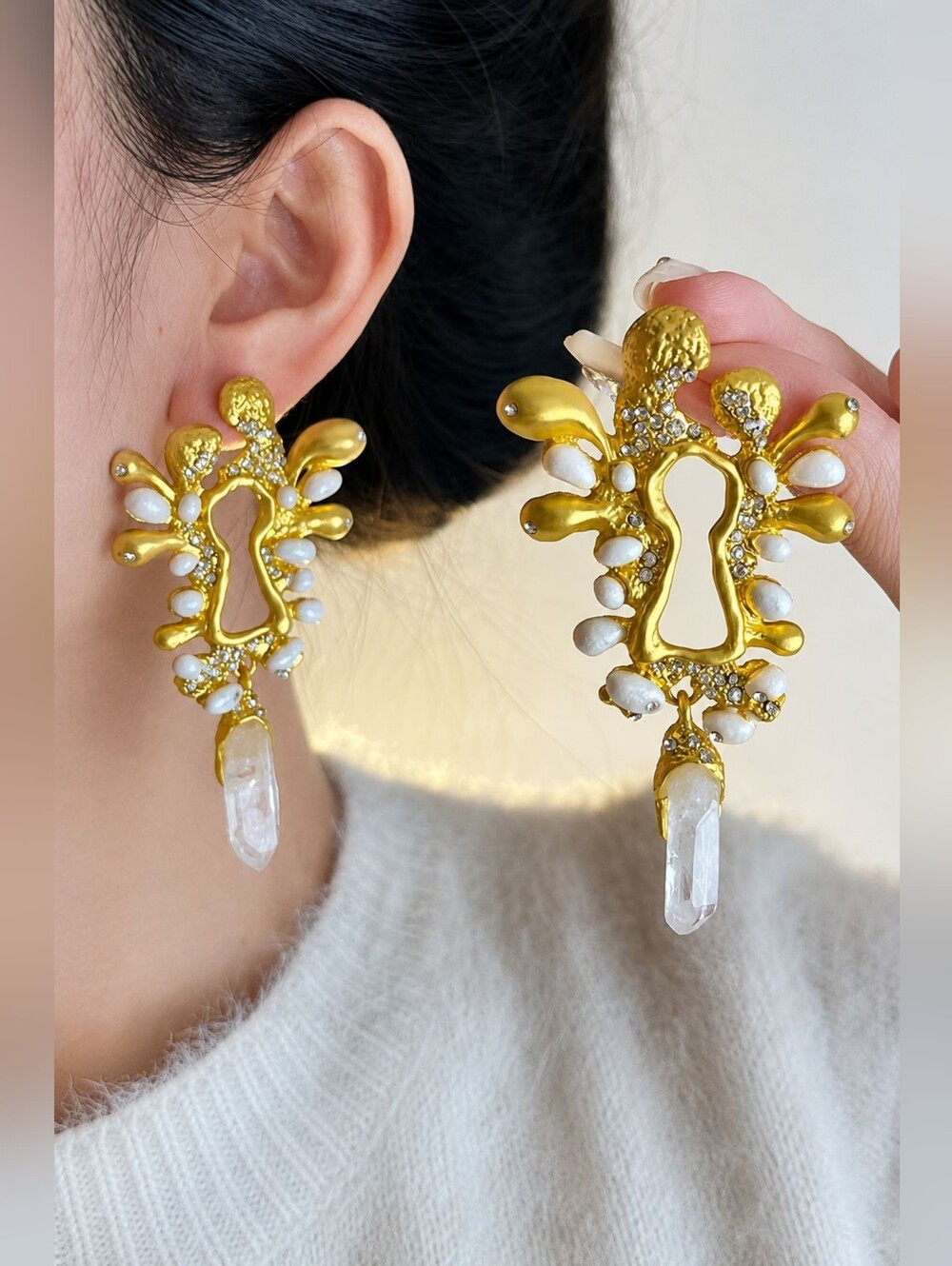 Gold and White Keyhole Drop Earrings